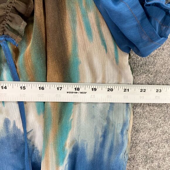 Cotton Works Blouse Women L Large Blue Colorblock V-Neck Tasseled Short Sleeve - Picture 6 of 8